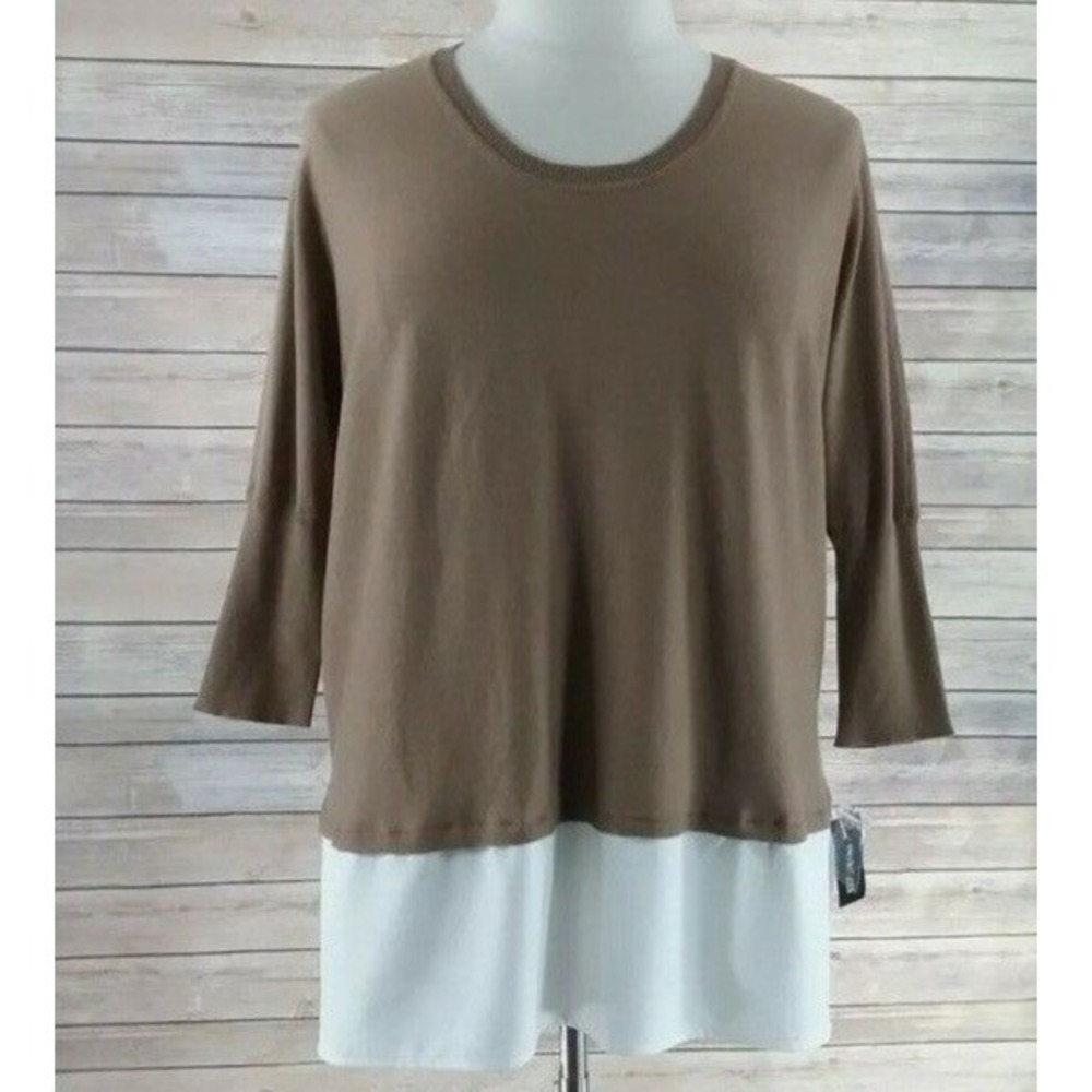 STYLE & CO Top 2X Brown White Color Block Knit Combo Hem 3/4 Sl Sweater NWT